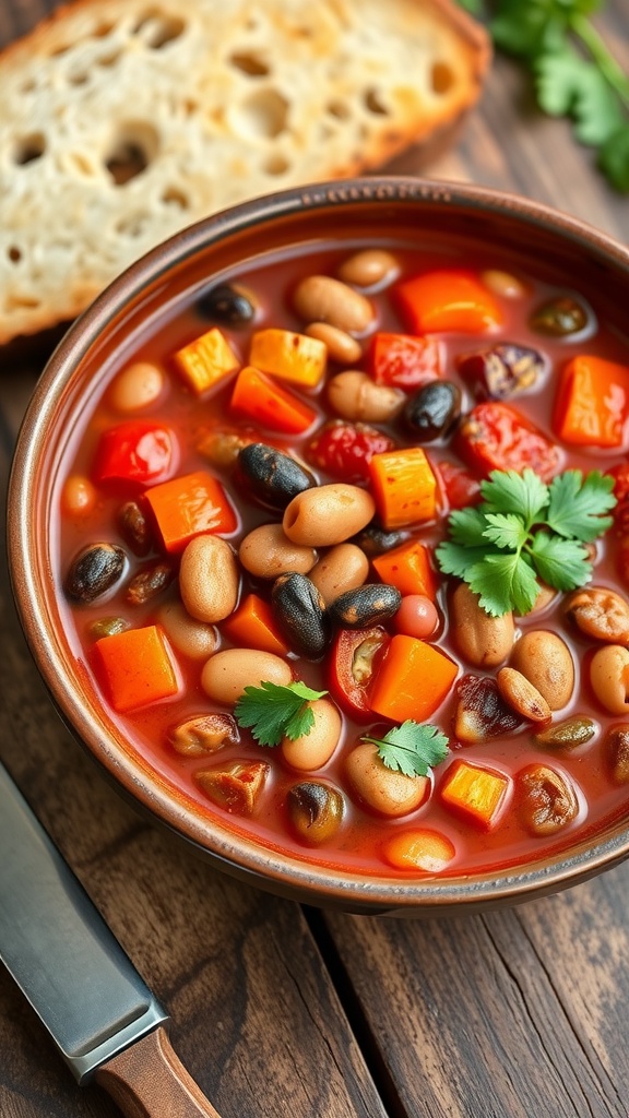 A hearty bowl of colorful vegan chili with beans and vegetables, garnished with cilantro on a wooden table.
